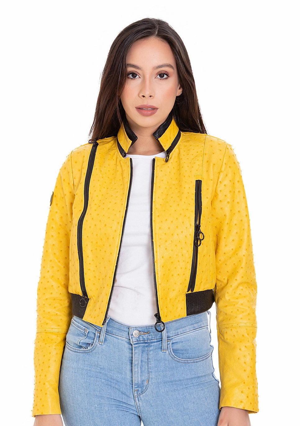 Comly Yellow Ostrich Leather Women Jacket Cheerleader Jackets
