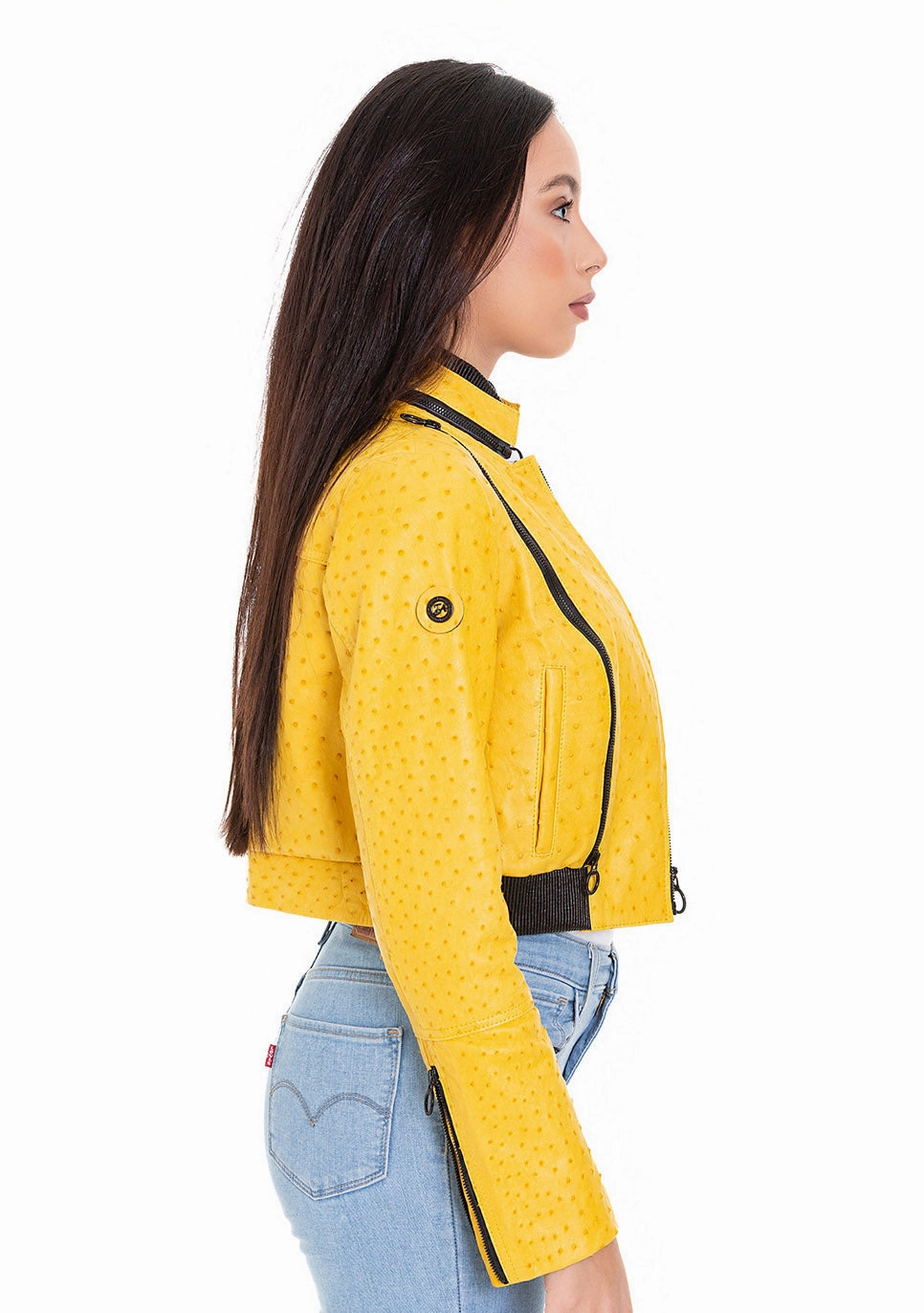 Comly Yellow Ostrich Leather Women Jacket Best Menswear Jackets