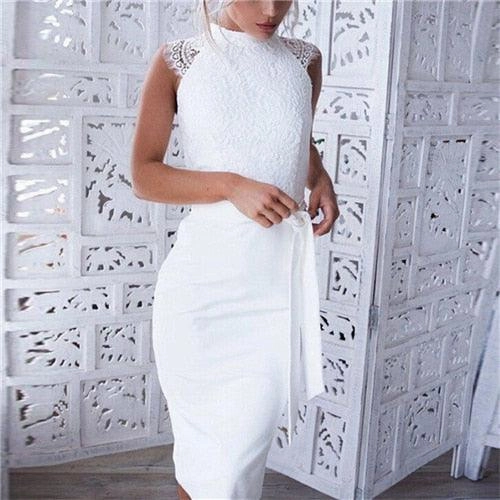 White Floral Lace Bodycon Pencil Dress Game Day Mini Dress
