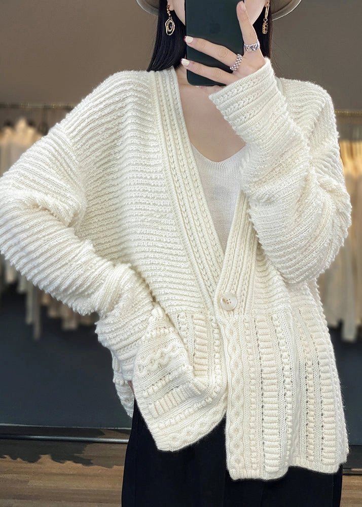 Women White V Neck Button Woolen Cable Knit Coats Spring YW021 Warm Winter