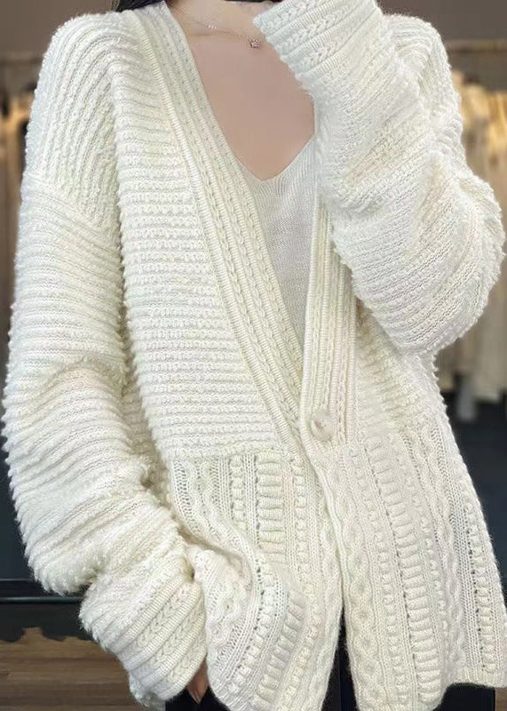 Women White V Neck Button Woolen Cable Knit Coats Spring YW021 Cooling Coats