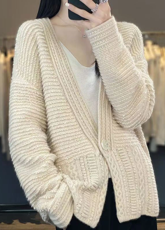 Women White V Neck Button Woolen Cable Knit Coats Spring YW021 Green Bay Winter Coats