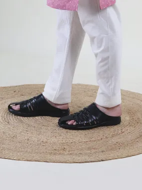 Men Black Genuine Leather Criss Cross Strap Back Open Slip On Dress Sandals Closed Toed Wedge Sandals