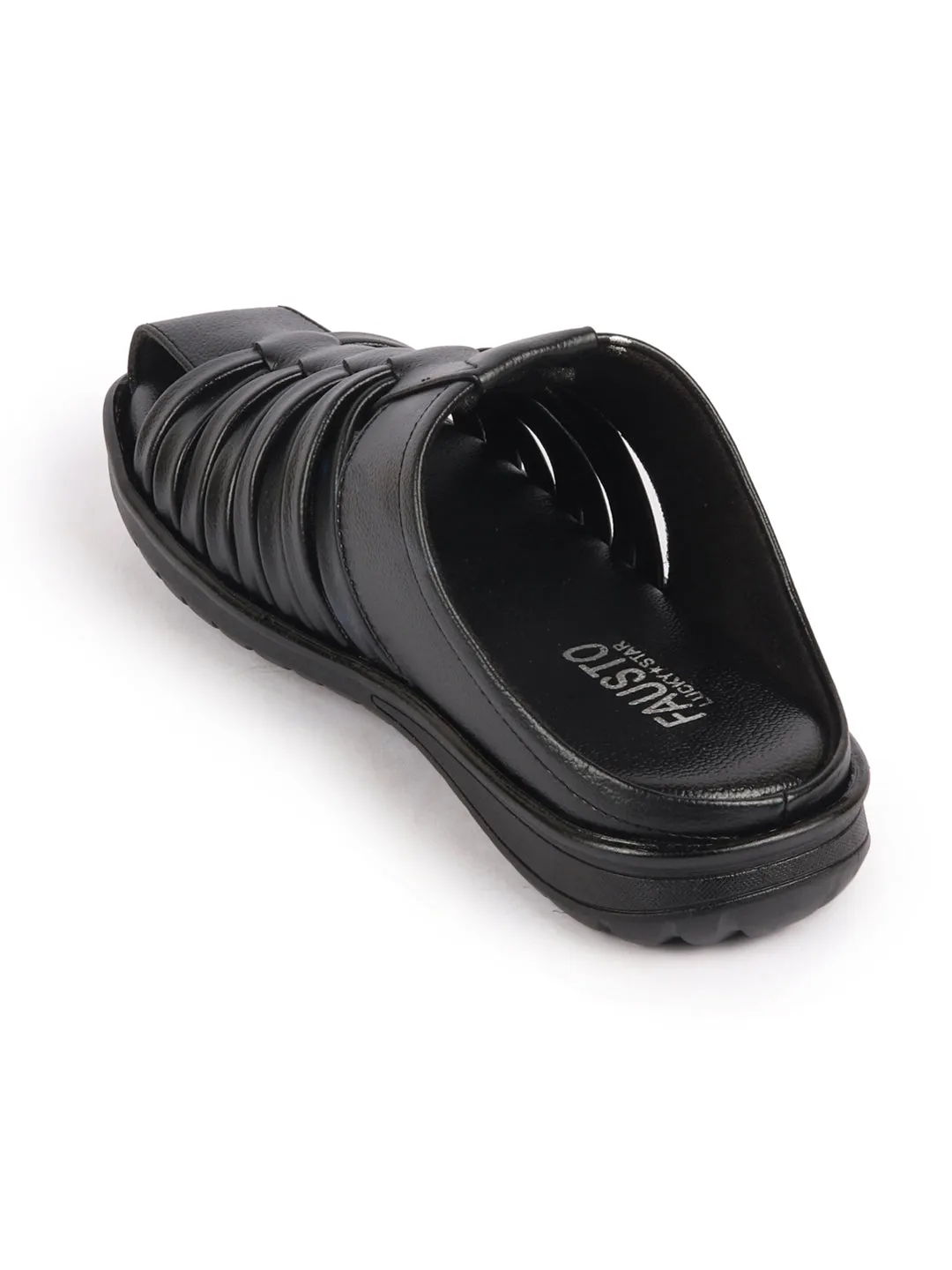 Men Black Genuine Leather Criss Cross Strap Back Open Slip On Dress Sandals Open Toe Low Heel Sandals