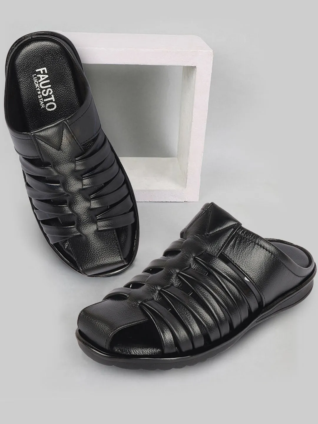 Men Black Genuine Leather Criss Cross Strap Back Open Slip On Dress Sandals Sandals Antigua Booking