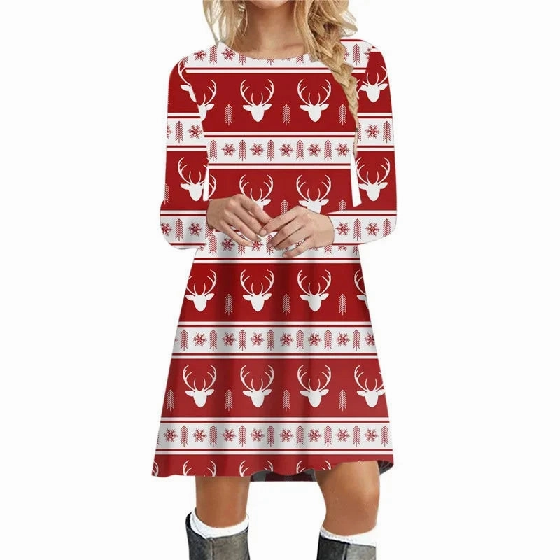 Snowflake Print Long Sleeve Mini Dress
