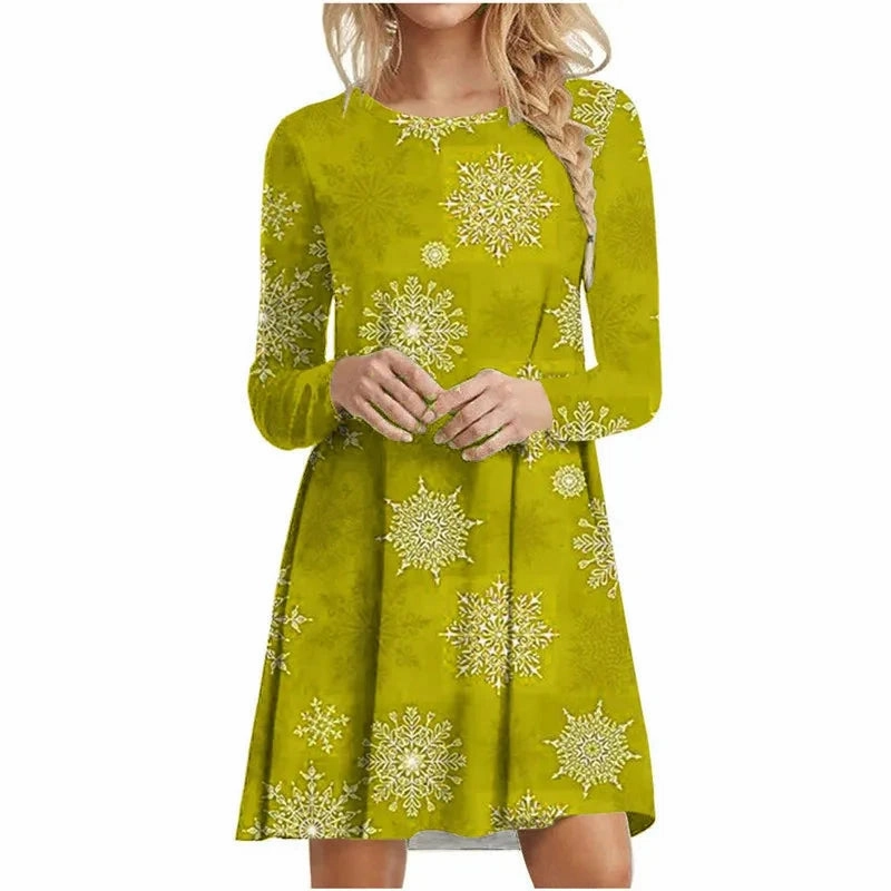 Snowflake Print Long Sleeve Mini Dress