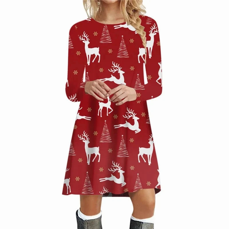 Snowflake Print Long Sleeve Mini Dress