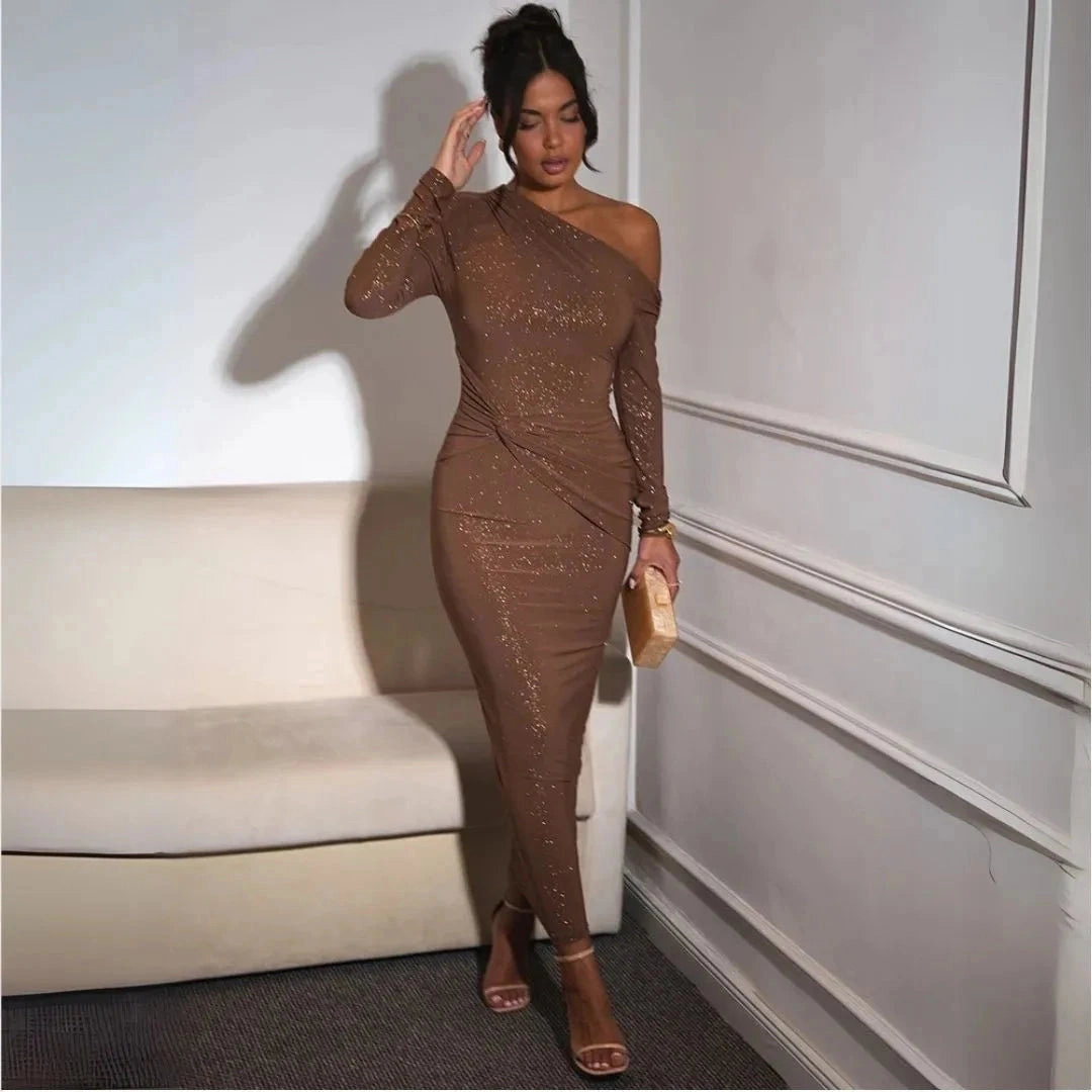 Bouquet Long Sleeve Maxi Dress Ayla Glitter One-Shoulder Bodycon Maxi Dress