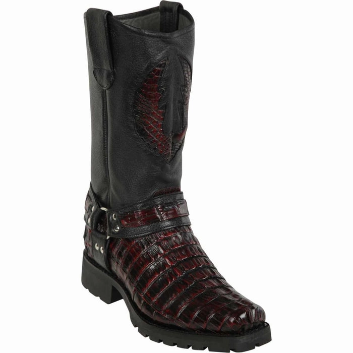 Men's Los Altos Caiman Tail Skin Biker Boots - Black Cherry Neon Boots Dancehall And Saloon