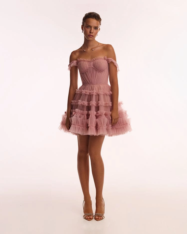 Flirty ruffled tulle mini dress in misty rose, Glow-Up Different Types Of Dress Codes