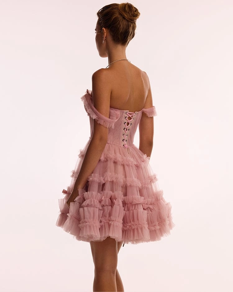 Flirty ruffled tulle mini dress in misty rose, Glow-Up Chicago Wedding Dress