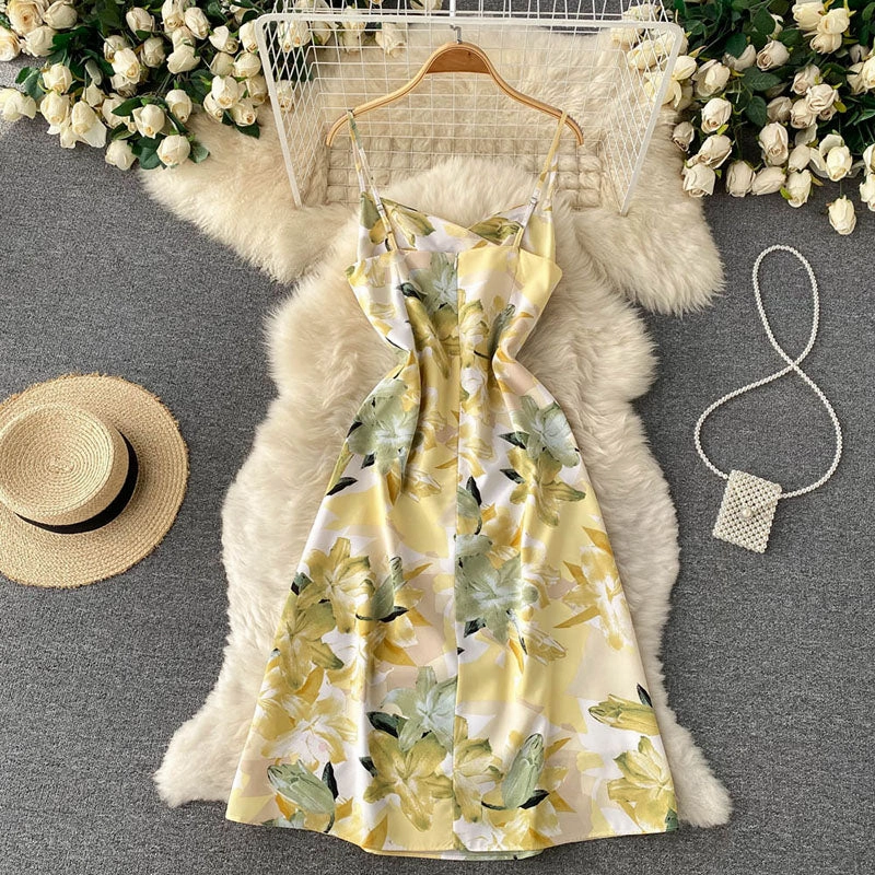 Padded Shoulder Midi Dress Floral Spaghetti Strap Back Zipper Midi Dress