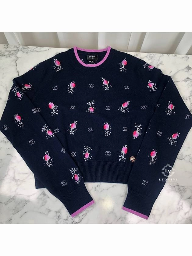 Flower CC Logo Cashmere Knit Top Navy Blue Chanel Knitwear Trends Spring 2018