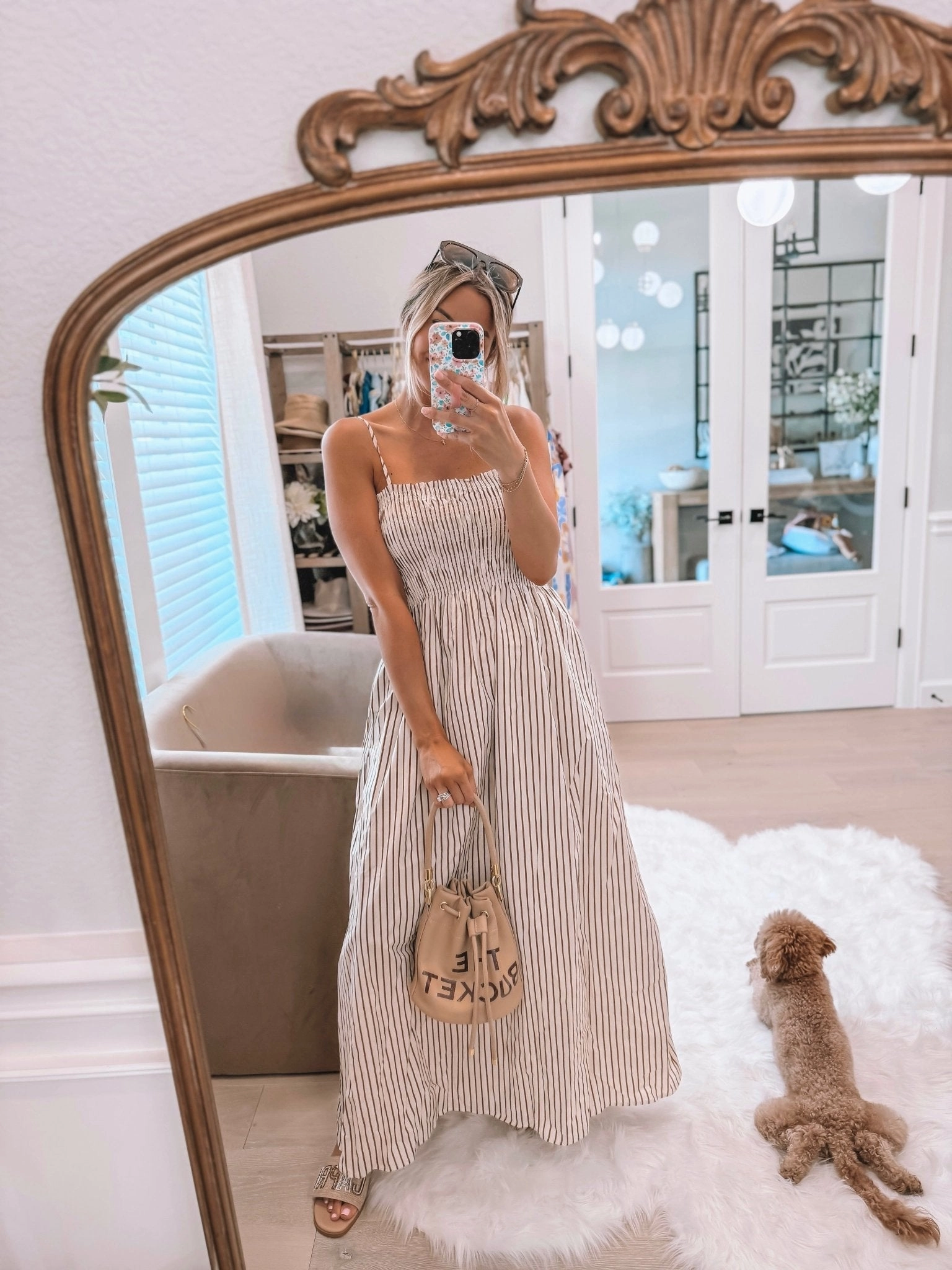 Shannon Taupe and White Striped Ruched Maxi Dress Classics 3- Stripes Maxi Dress