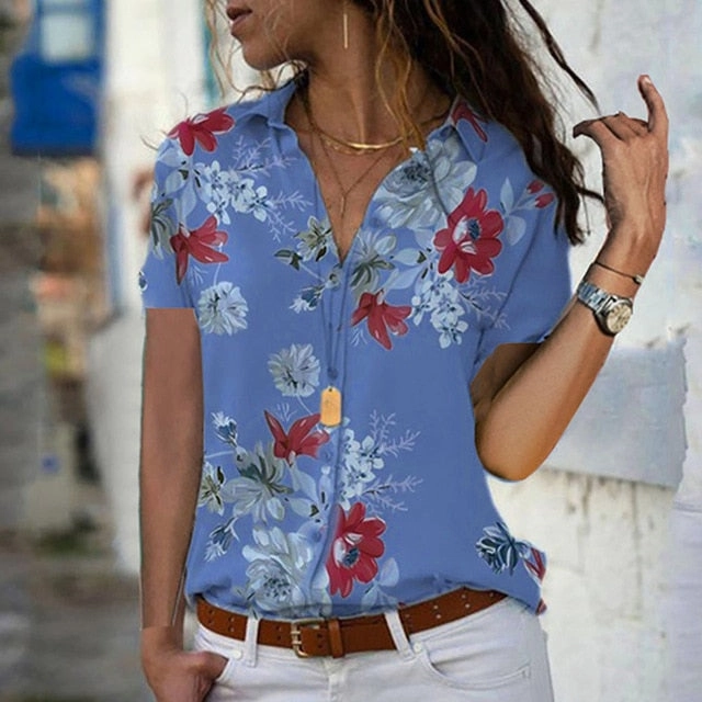 FREE OSTRICH Women Shirts Plum Blossom Large Size Short Sleeve Loose Silky Thin Trend Elegant Noble Vogue Summer Blouse Shirts