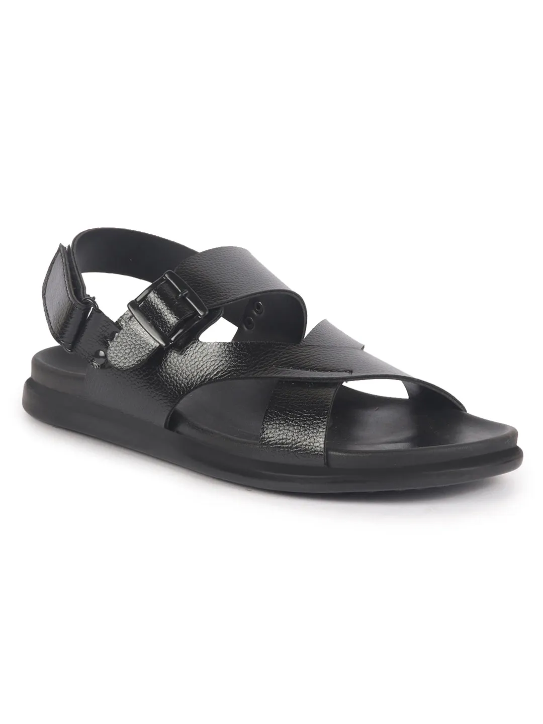 Men Black Open Toe Hook & Loop Adjustable Strap Criss Cross Dress Slip On Sandals|Non Skid Sole Slippers|PU PAD Insole Trekker Sandals