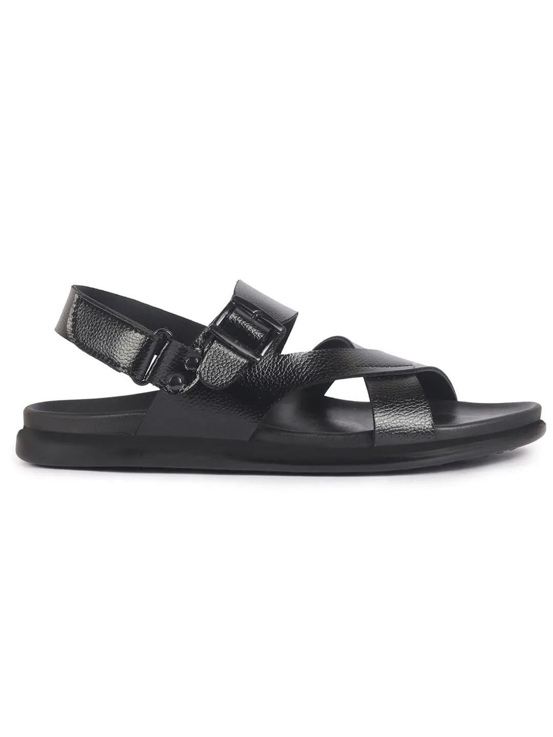 Bare Trap Sandals Men Black Open Toe Hook & Loop Adjustable Strap Criss Cross Dress Slip On Sandals|Non Skid Sole Slippers|PU PAD Insole