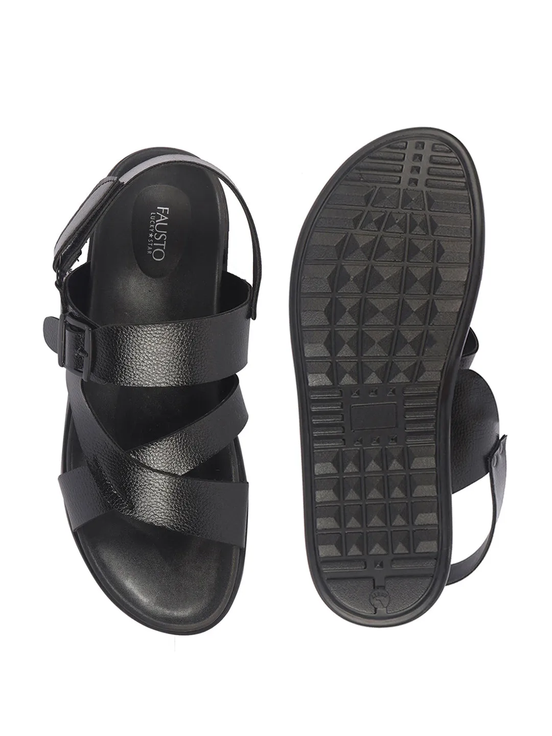 Men Black Open Toe Hook & Loop Adjustable Strap Criss Cross Dress Slip On Sandals|Non Skid Sole Slippers|PU PAD Insole 6pm Sandals