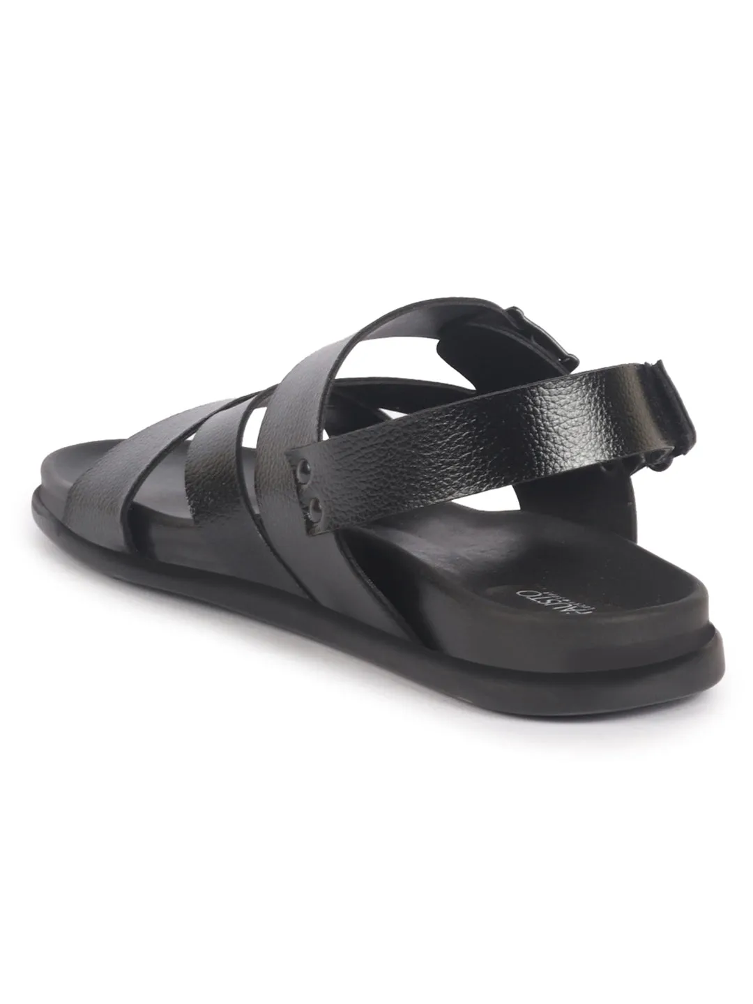 Men Black Open Toe Hook & Loop Adjustable Strap Criss Cross Dress Slip On Sandals|Non Skid Sole Slippers|PU PAD Insole Running Sandals