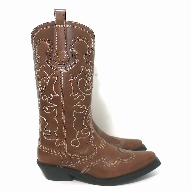 Above Knee Leather Boots GANNI Embroidered Western Boots Brown Leather Size 39