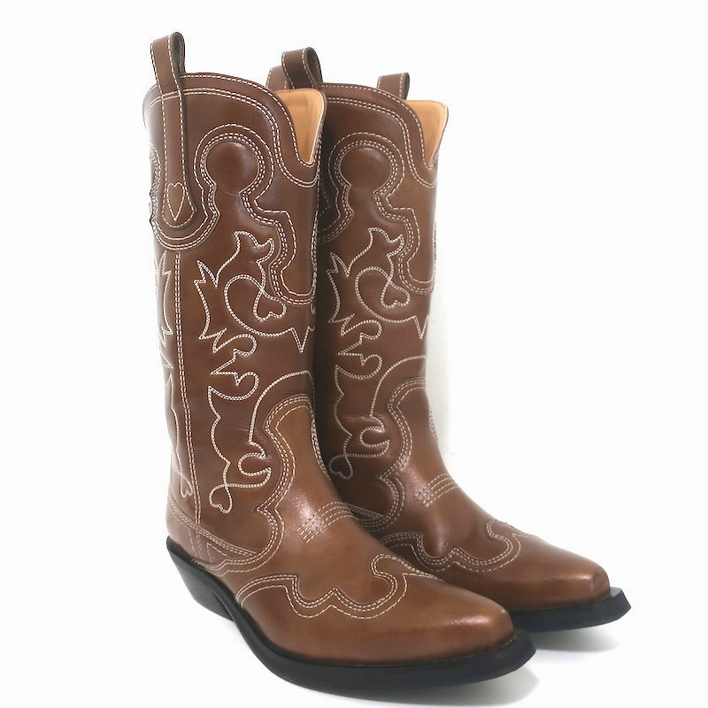 GANNI Embroidered Western Boots Brown Leather Size 39 Glitter Knee High Boots