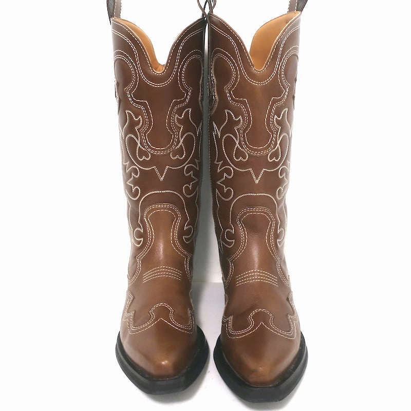 GANNI Embroidered Western Boots Brown Leather Size 39 Black Leather Over The Knee Boots