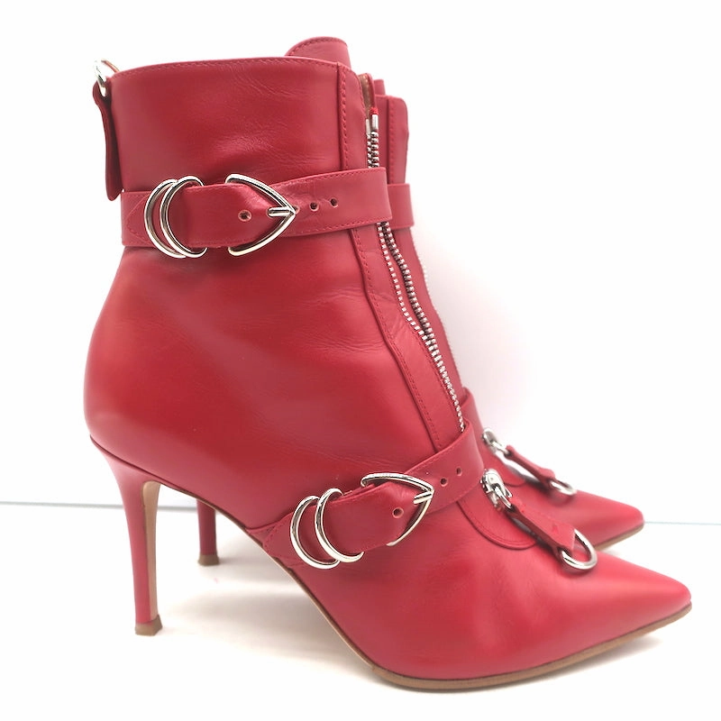 Gianvito Rossi Zip-Front Buckled Ankle Boots Red Leather Size 36.5 Square Tip Cowboy Boots