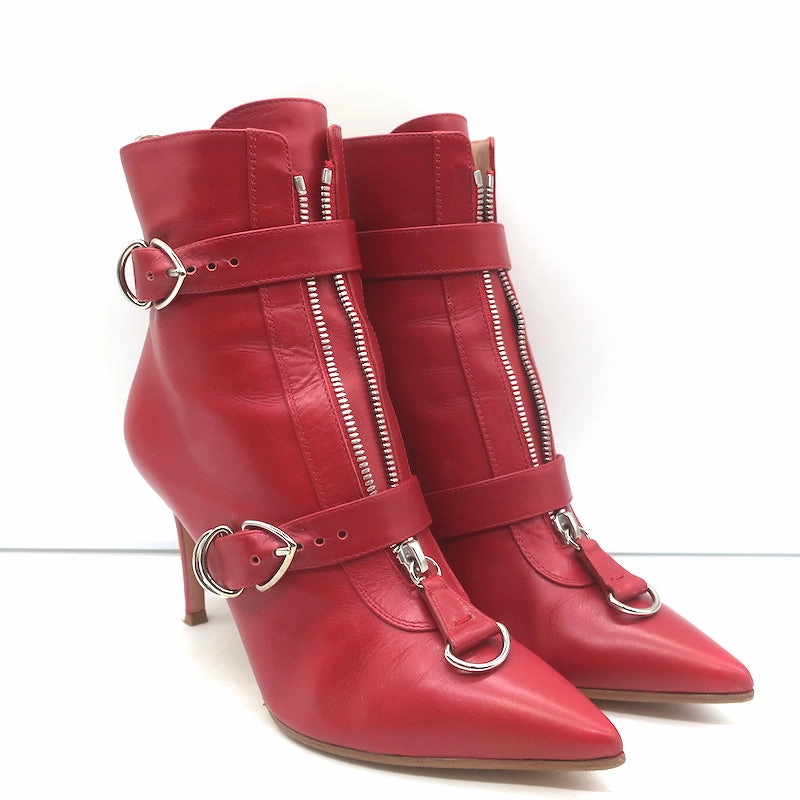 Jack Boots Gianvito Rossi Zip-Front Buckled Ankle Boots Red Leather Size 36.5