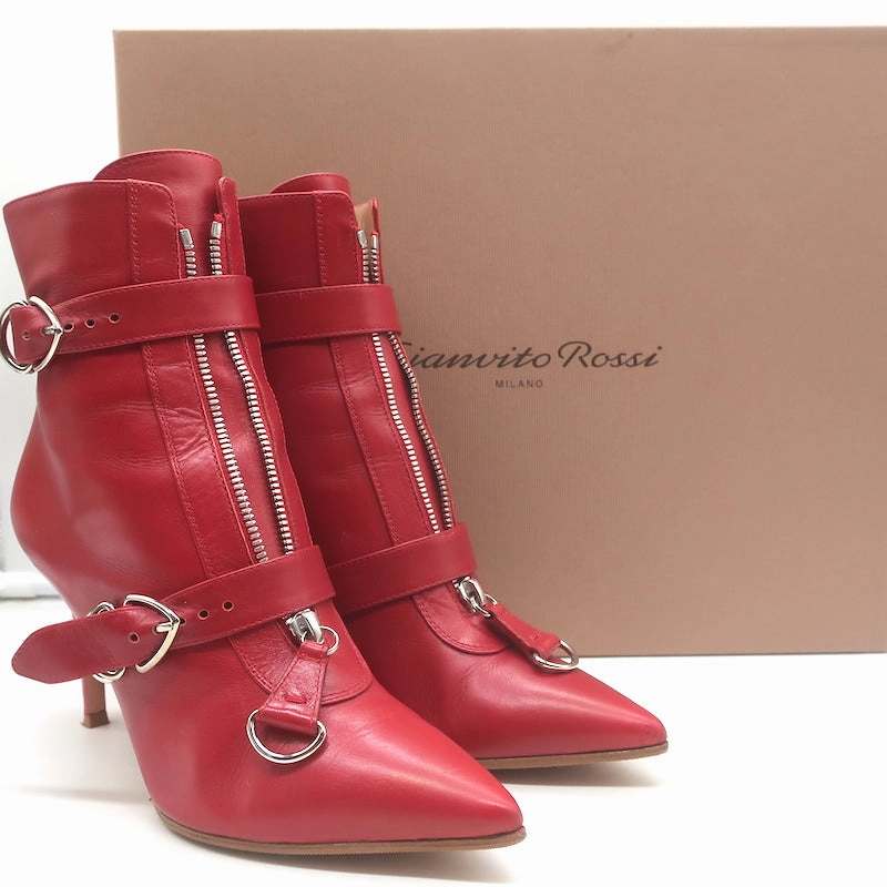 Gianvito Rossi Zip-Front Buckled Ankle Boots Red Leather Size 36.5 Orvis Boots