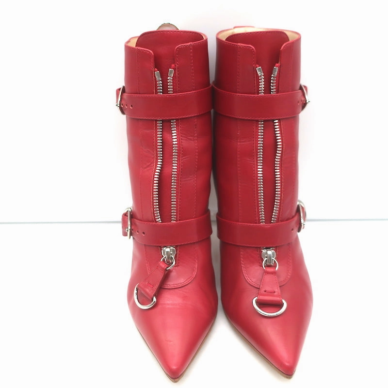 Boots Composite Toe Gianvito Rossi Zip-Front Buckled Ankle Boots Red Leather Size 36.5