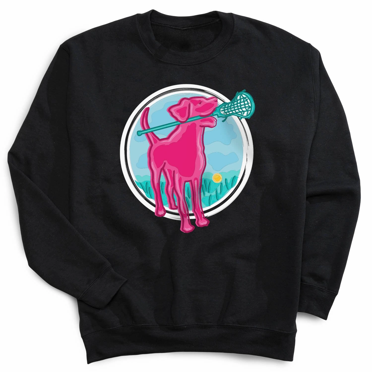 Long Hooded Sweatshirts Girls Lacrosse Crewneck Sweatshirt - Lacrosse Dog with Girl Stick