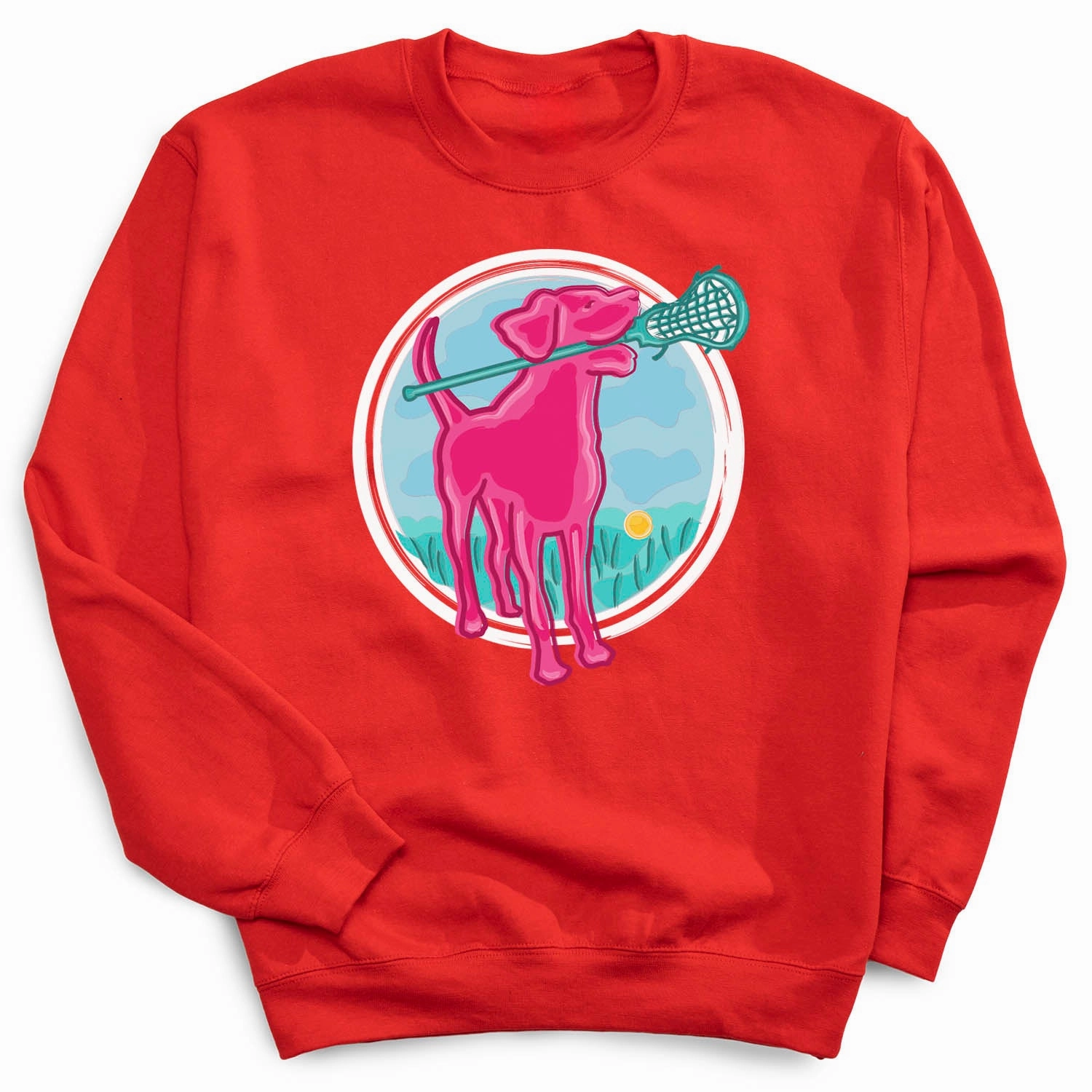Girls Lacrosse Crewneck Sweatshirt - Lacrosse Dog with Girl Stick Best Websites For Sweatshirts