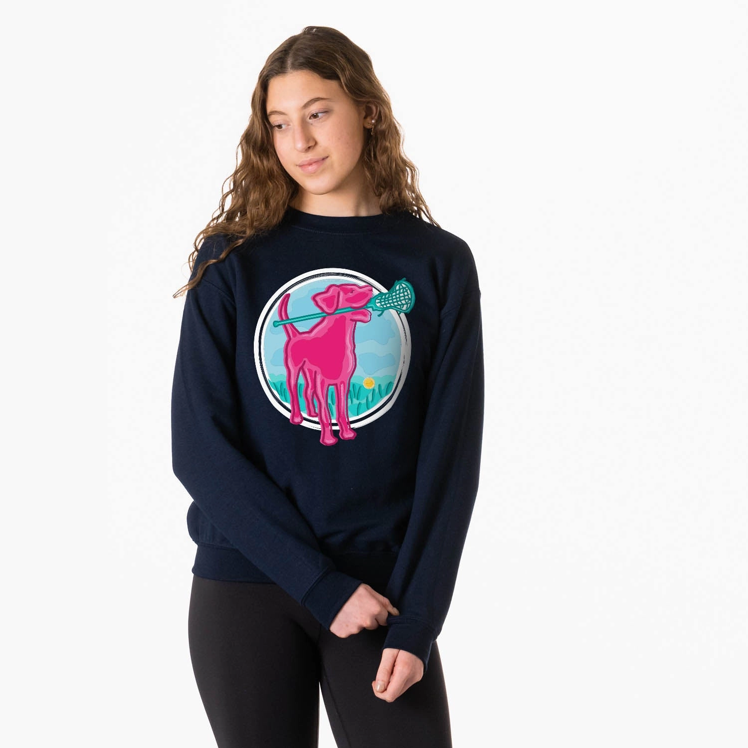 University Of Toledo Sweatshirts Girls Lacrosse Crewneck Sweatshirt - Lacrosse Dog with Girl Stick