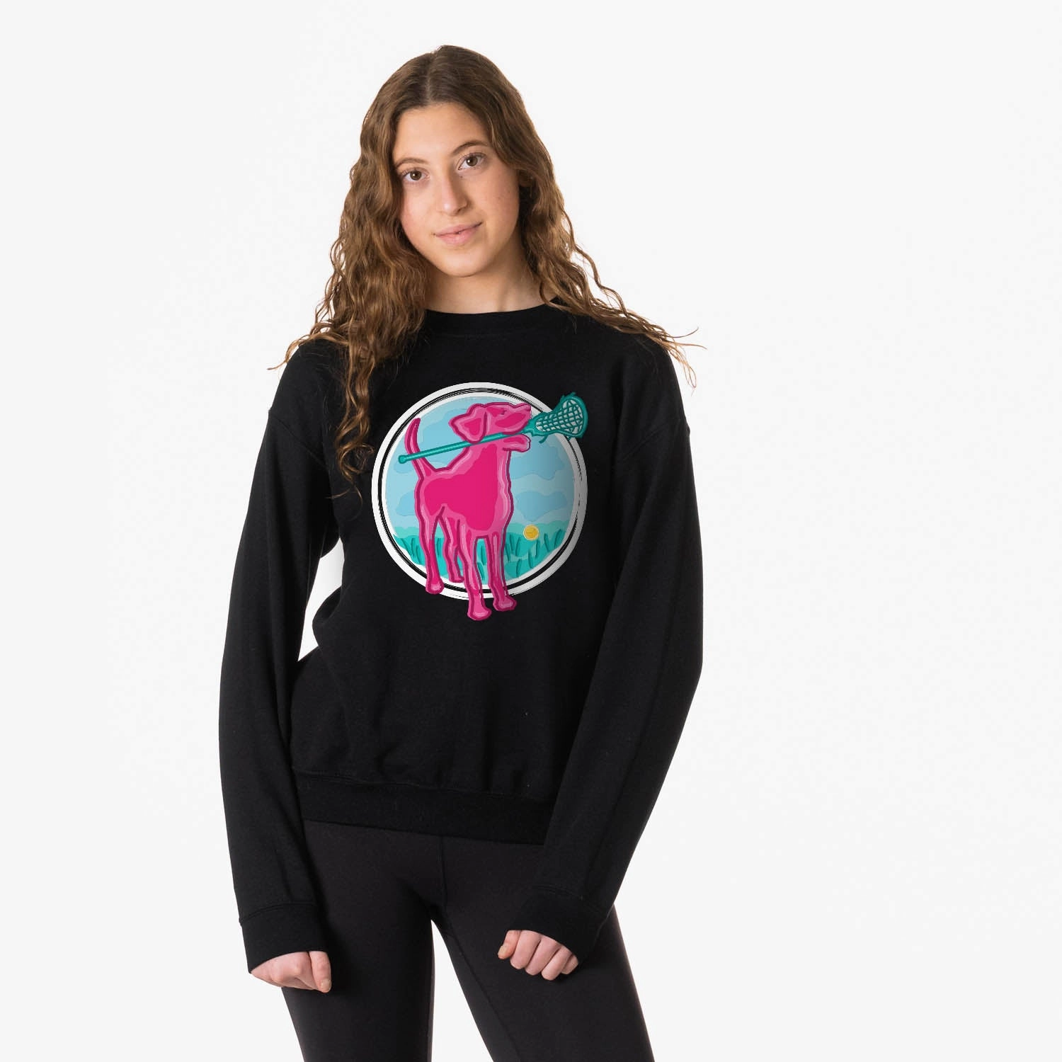 Promotional Crewneck Sweatshirts Girls Lacrosse Crewneck Sweatshirt - Lacrosse Dog with Girl Stick