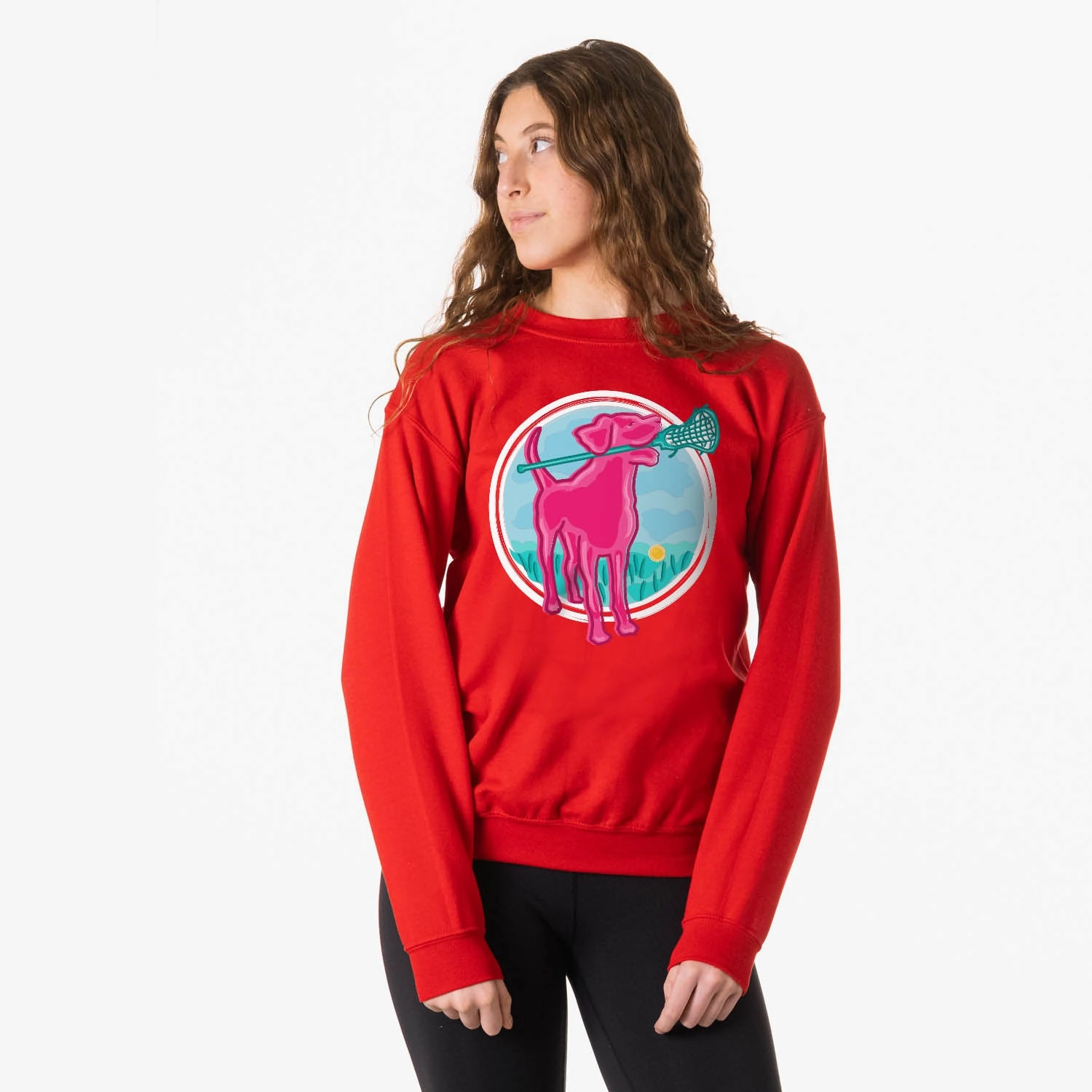 Girls Lacrosse Crewneck Sweatshirt - Lacrosse Dog with Girl Stick Tampa Bay Sweatshirts