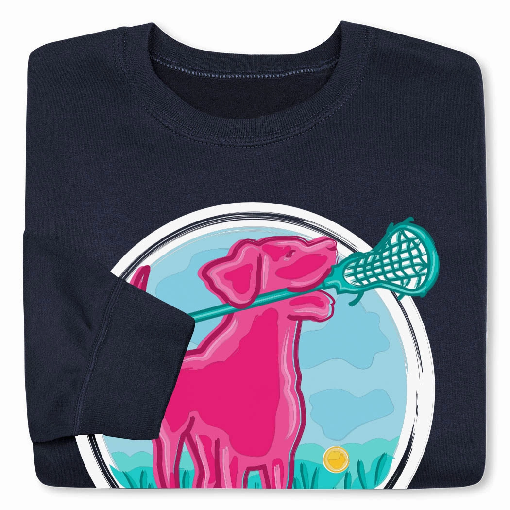 Oversized Band Sweatshirts Girls Lacrosse Crewneck Sweatshirt - Lacrosse Dog with Girl Stick