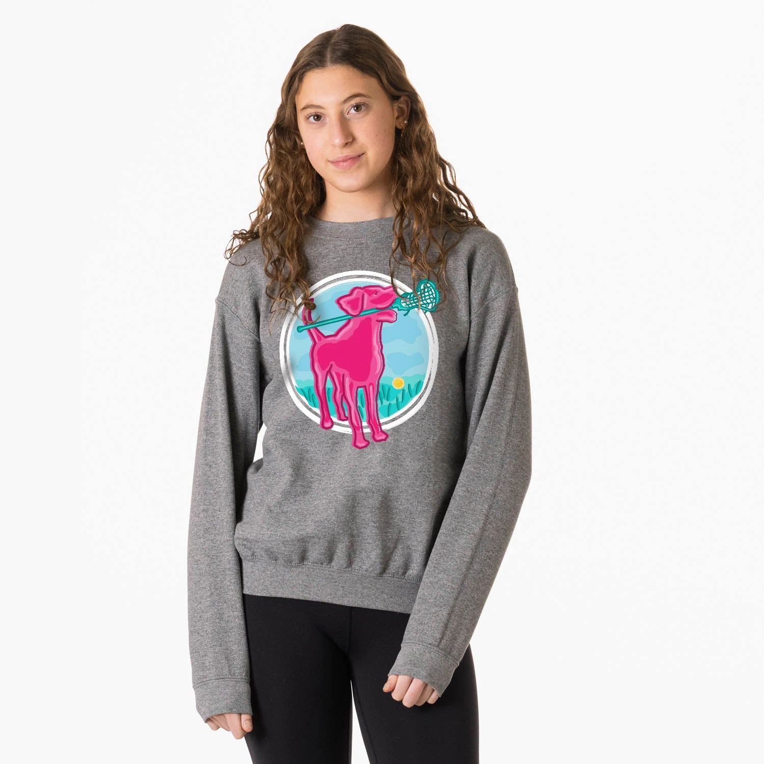 Mn Sweatshirts Girls Lacrosse Crewneck Sweatshirt - Lacrosse Dog with Girl Stick