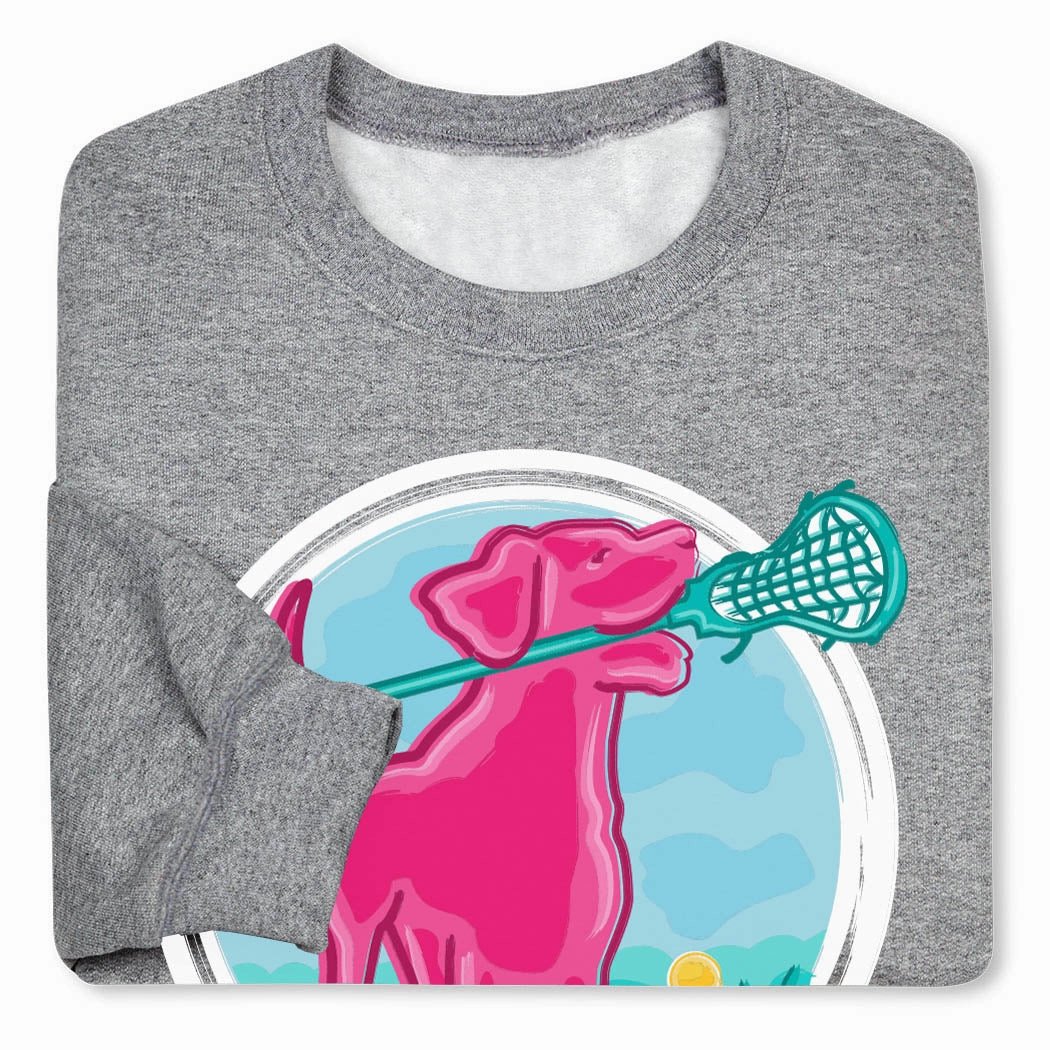 Personalized Picture Sweatshirts Girls Lacrosse Crewneck Sweatshirt - Lacrosse Dog with Girl Stick