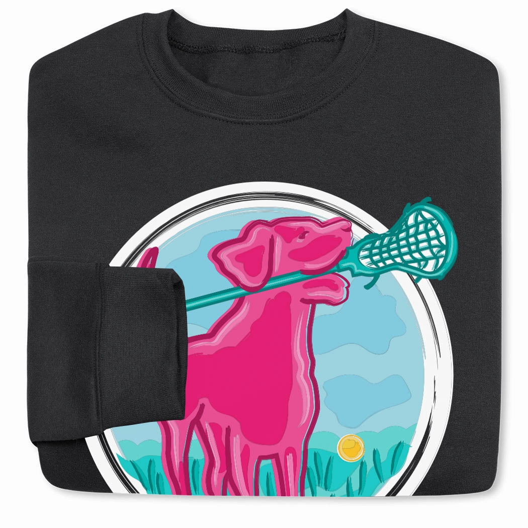 Girls Lacrosse Crewneck Sweatshirt - Lacrosse Dog with Girl Stick Xc Sweatshirts