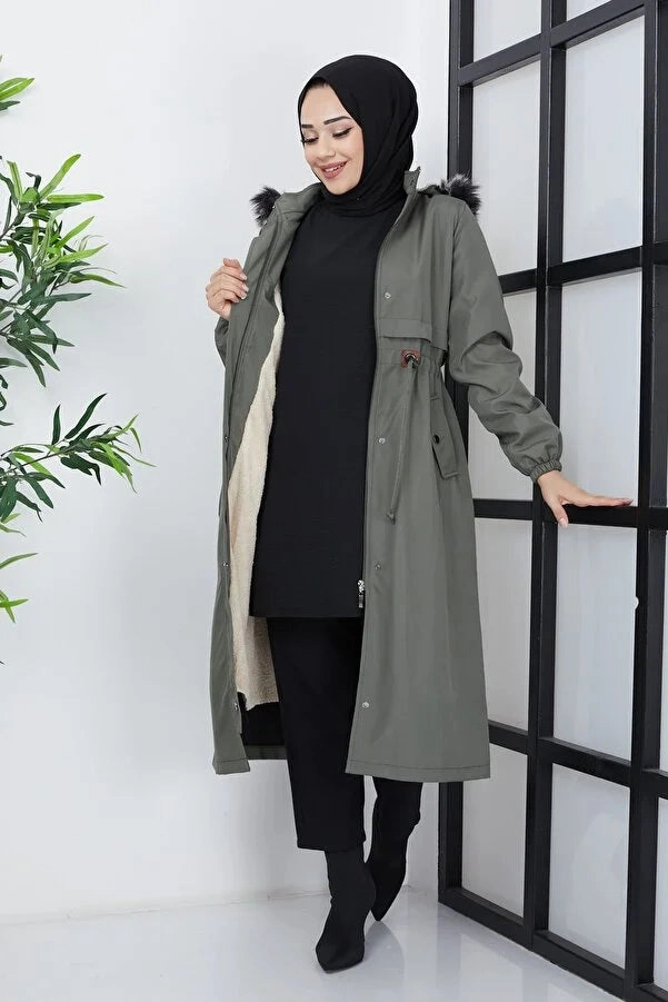 Best Deals On Winter Coats Imajbutik Women's Khaki Modest Hooded Fur Lined Drawstring Bondik Hijab Coat