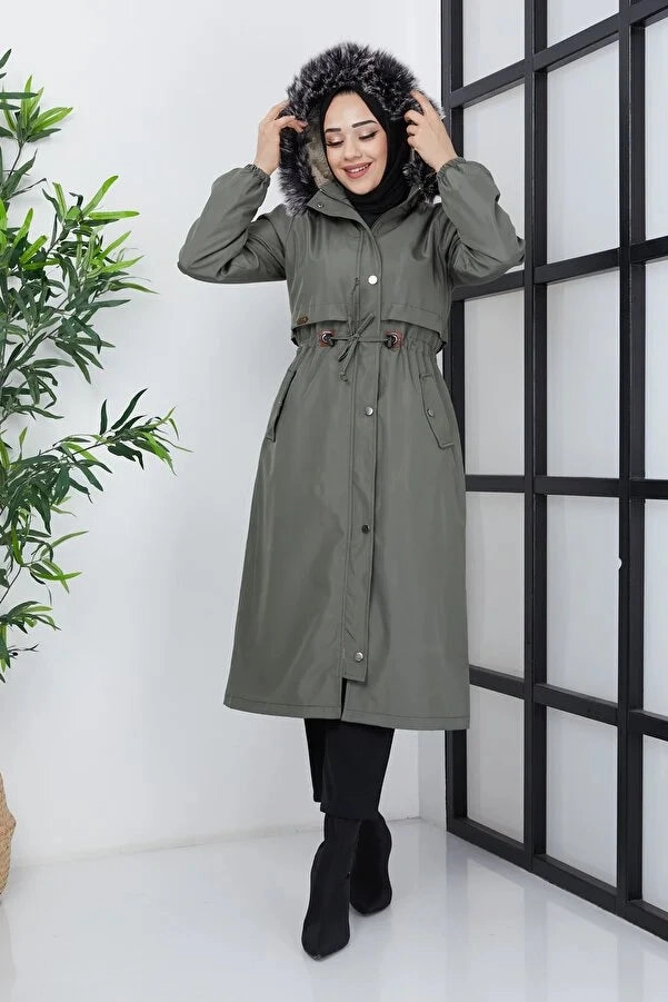 Imajbutik Women's Khaki Modest Hooded Fur Lined Drawstring Bondik Hijab Coat Winter Parka Coats