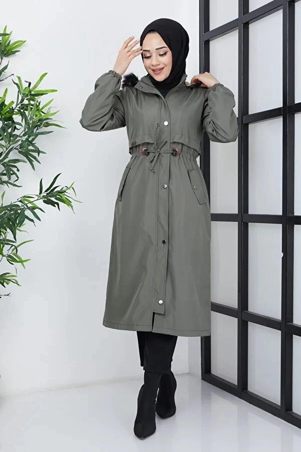 Funny Winter Coats Imajbutik Women's Khaki Modest Hooded Fur Lined Drawstring Bondik Hijab Coat