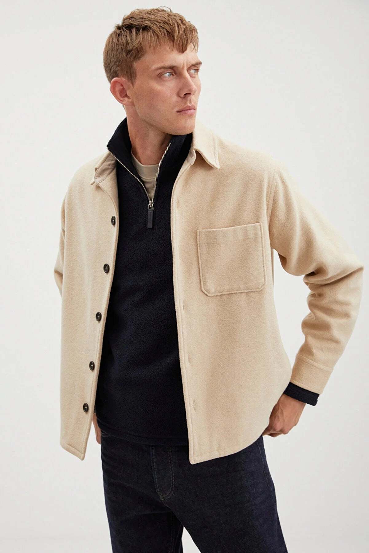 Jackets Men Grimelange Men's Beige Regular Fit Thick Stitching Fabric Jacket