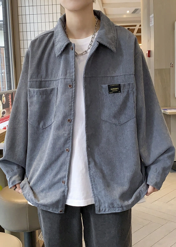 Grey Button Coats Coat Oversized Pockets Men Classy Corduroy 7. Parka Coats