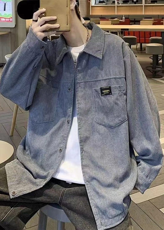 Coats 3/4 Length Grey Button Coats Coat Oversized Pockets Men Classy Corduroy