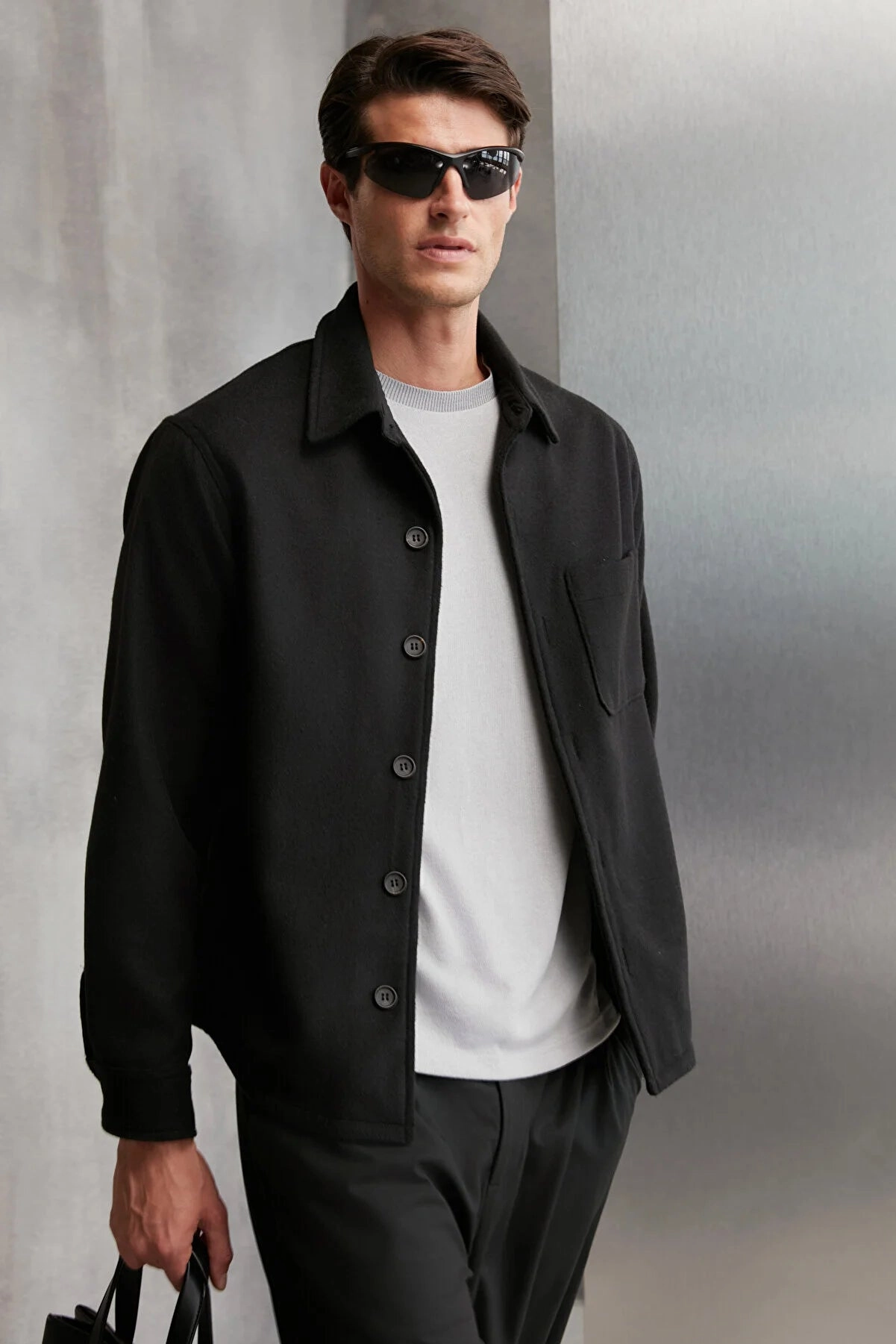 Grimelange Men's Black Regular Fit Thick Stitching Fabric Jacket Custom Embroidery Jackets