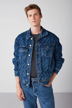 Grimelange Men's Denim Blue Laser Printed Thick Textured Jacket Jackets At