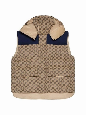 Gucci GG Canvas Down Vest With Detachable Hood Beige Blue Leather Coats With Hoods