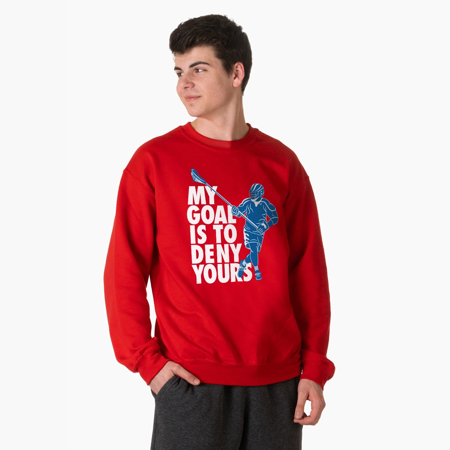 Guys Lacrosse Crewneck Sweatshirt - My Goal Is to Deny Yours Defenseman Heavy Hooded Sweatshirts